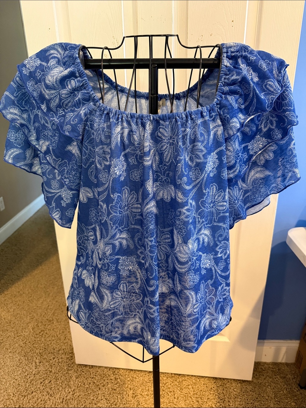 Chenault Blue Floral Off-Shoulder Ruffle Tunic Blouse NWT NEW XL